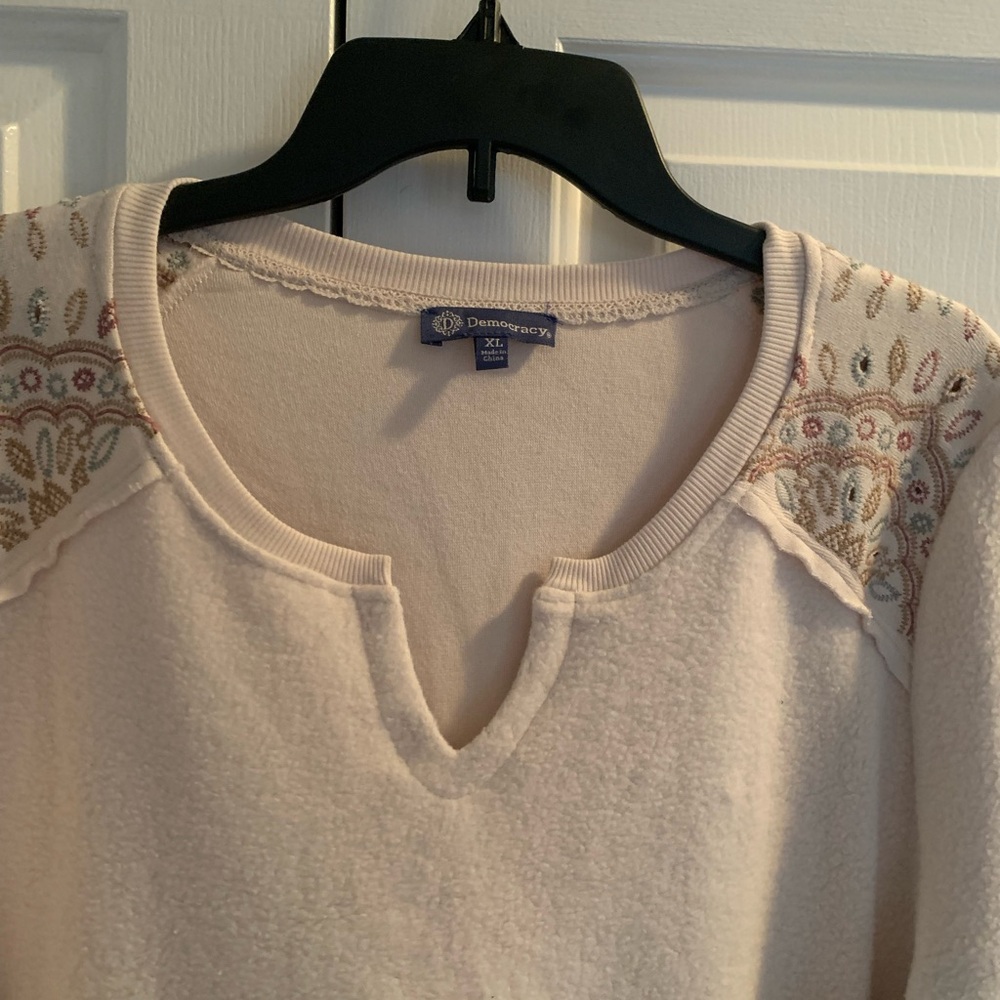 Democracy Long Blouson Sleeve Die Cut Embroidered Soft Sweatshirt, Ivory - Picture 7 of 10